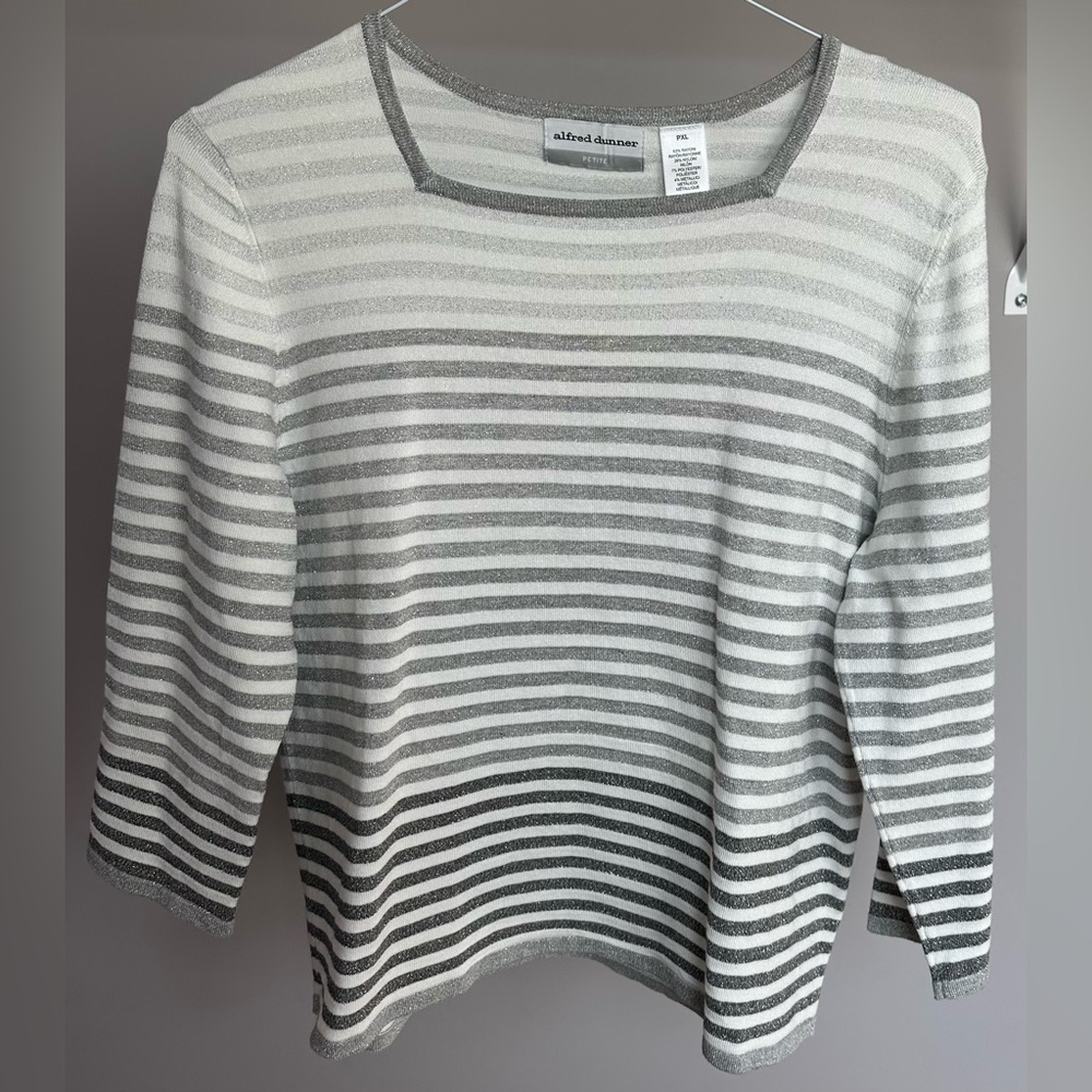 Alfred Dunner PXL 3/4 length metallic silver and white striped pullover top
